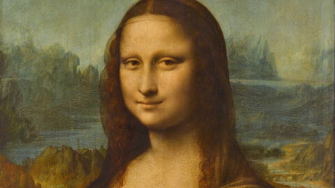 Detail van de Mona Lisa met de brug op de achtergrond