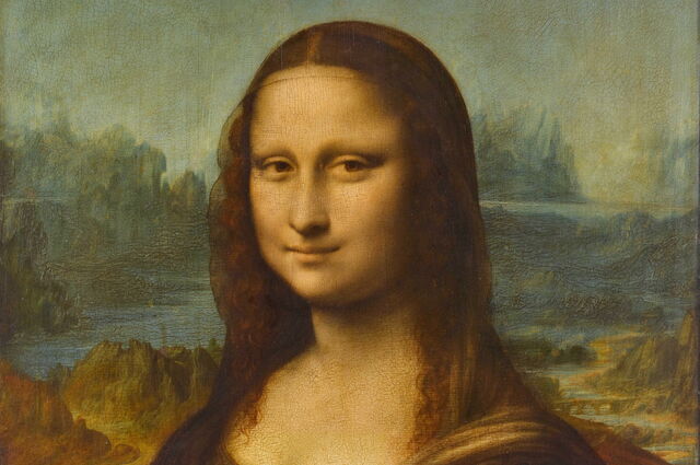 Detail van de Mona Lisa met de brug op de achtergrond