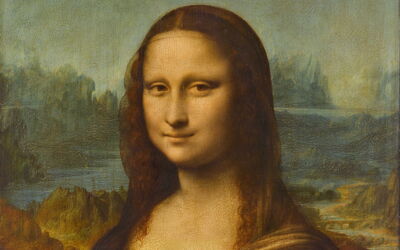Detail van de Mona Lisa met de brug op de achtergrond