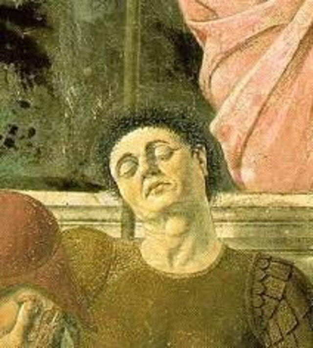 zelfportret van piero van zijn schilderij 'Verrijzing'