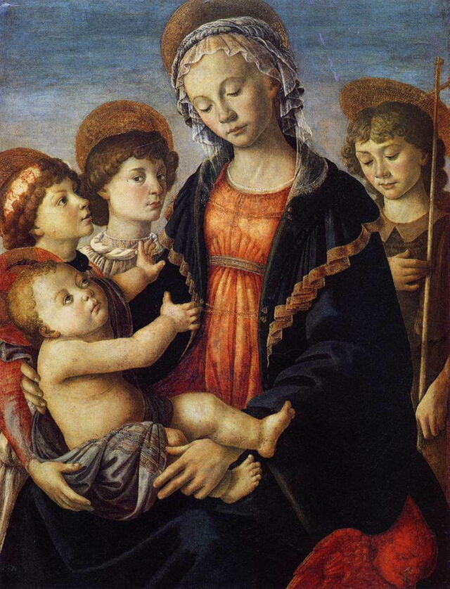 Botticelli, De Maagd en het Kind met twee engelen en de jonge Johannes de Doper