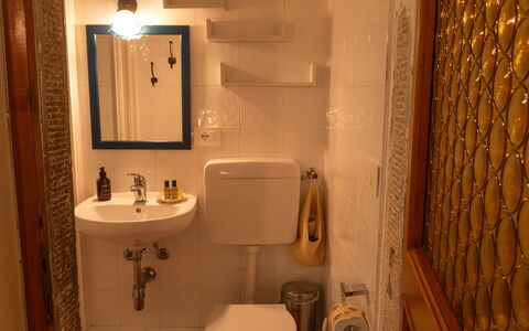 Podere Il Doccio: Wastafel In De Badkamer, Badkamer, Muur, Loodgieterswerkinrichting, Interieur Ontwerp, Wastafel, Spiegel, Wc Bril, Kraan, Loodgieter