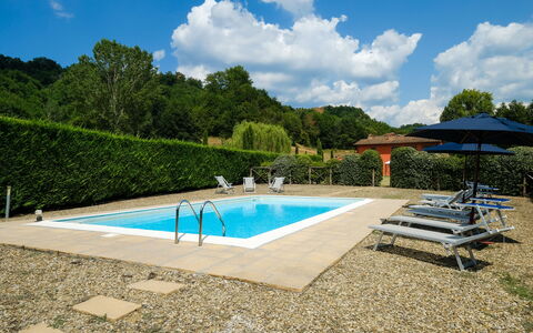 Villa Rossa: Zwembad, Azure, Buitenmeubels, Schaduw, Samengesteld Materiaal, Ligstoel, Paraplu, Cumulus, Tegel, Buitentafel