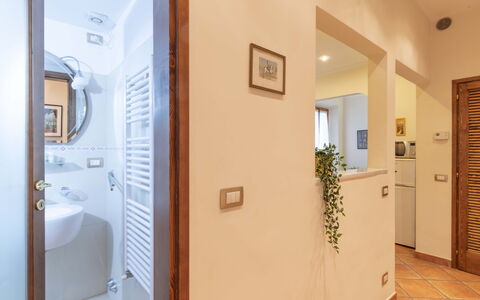 Vintage Apartment in Florence: Spiegel, Wastafel, Fabriek, Kamerplant, Verlichting, Interieur Ontwerp, Deur, Badkamer, Gebouw