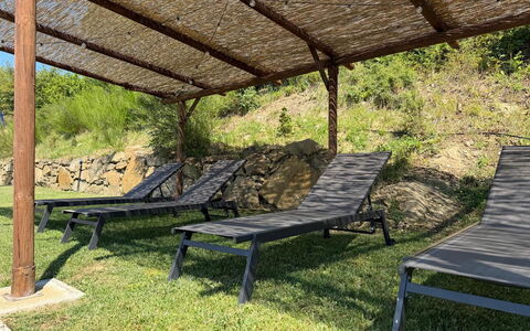 Villa Luana: Buitenmeubels, Meubilair, Schaduw, Tuin, Outdoor Structuur, Ligstoel, Natuurlijk Materiaal, Hardwood, Backyard, Buitentafel