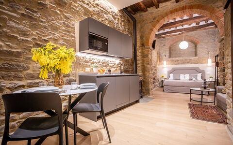 Maccari Suite: Interieur Ontwerp, Meubilair, Plafond, Woonkamer, Appartement, Stenen Muur, Bankstel, Stoel, Lichte Inrichting