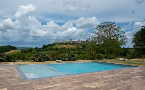 Il Borgo, Borgo Campassini, Monteriggioni: Zwembad, Tuin, Flagstone, Landscaping, Schaduw, Houten Vloer, Gang, Backyard, Buitenmeubels, Tegel