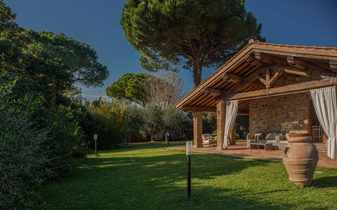 Villa Bolgheri Vermentino Castagneto Carducci: Hout, Dak, Tuin, Schaduw, Verblijf, Garden Gebouwen, Landscaping, Backyard, Outdoor Structuur, Landgoed