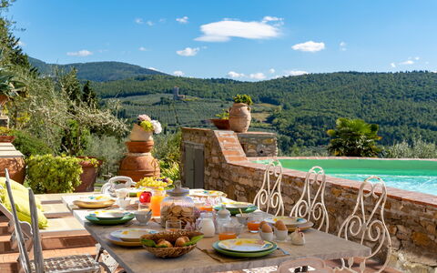 Torre al Poggio 8: Meubilair, Tafel, Stoel, Keuken En Eettafel, Buitenmeubels, Buitentafel, Bloempot, Tafelkleed, Tuin, Kamerplant