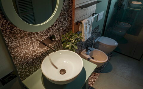 Agriresort Bacaringhe 13: Interieur Ontwerp, Loodgieterswerkinrichting, Wastafel In De Badkamer, Badkamer, Wastafel, Loodgieter, Lichte Inrichting, Spiegel, Kraan, Kamerplant