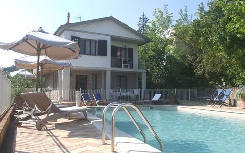 Villa Il Castagno: Water, Lucht, Gebouw, Zwembad, Fabriek, Buitenmeubels, Schaduw, Ligstoel, Huis, Boom